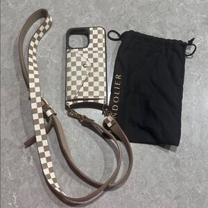 iPhone 15 Pro Max Bandolier Leather Checkered Phone Case with Strap